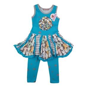 Jelly The Pug Girls Tiered Ruffle Knit Dress Legging Set Outfit Blue Size 2T Cat